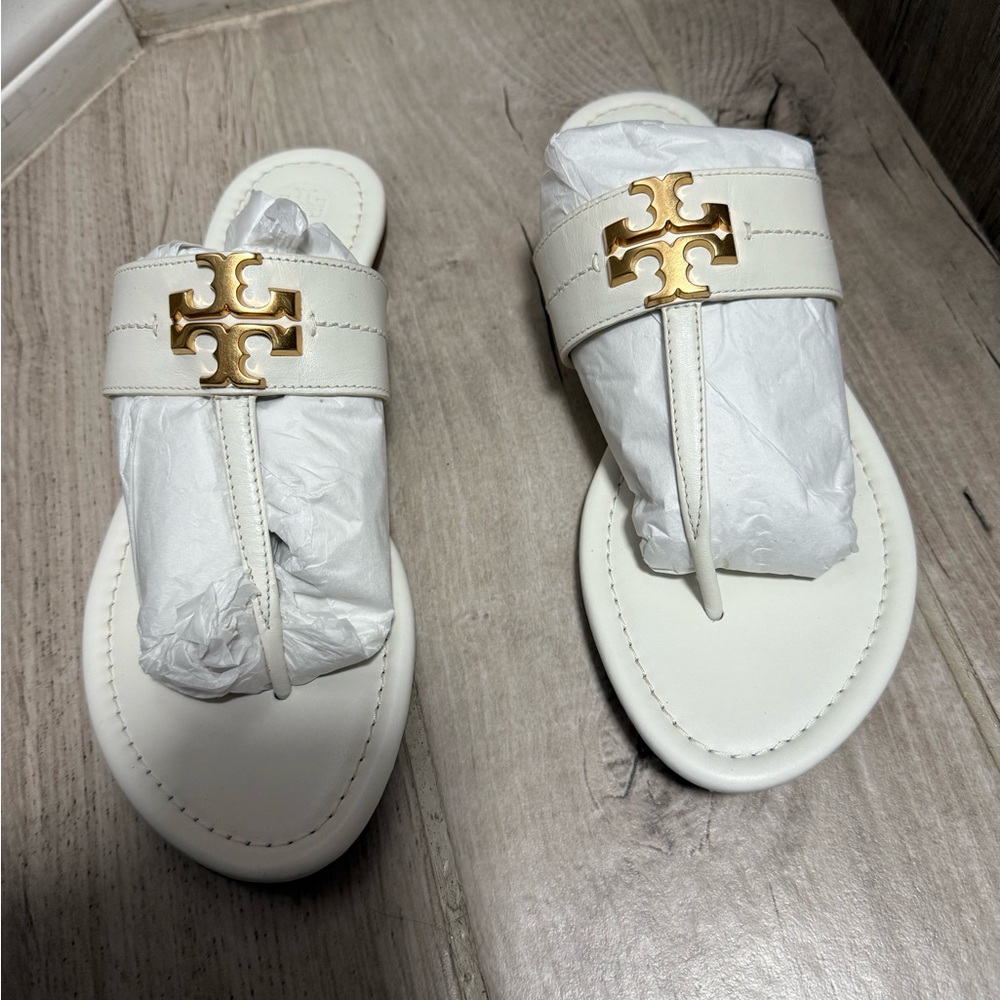 Tory Burch White Sandals with Gold Logo